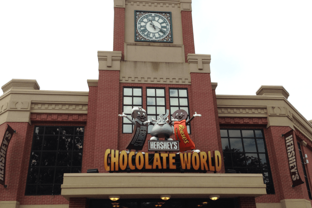 Exterior of Hershey's Chocolate World featuring a large clock and animated candy characters.